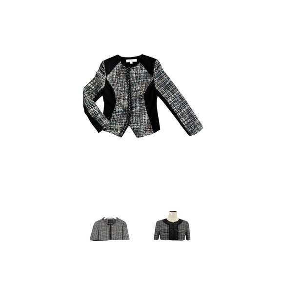 Boston Proper Womens Size 12 Sequins Tweed Blazer Black Panels Embellished Trim - Picture 1 of 9